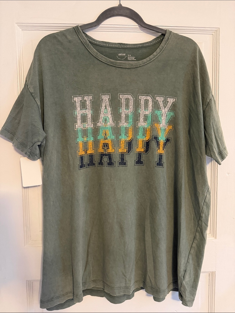 aerie Olive Green "HAPPY" Graphic Short Sleeve Tee